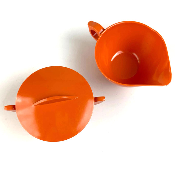Vintage Mid Century Modern Laguna Orange Melamine Sugar Bowl And Creamer - Picture 2 of 11